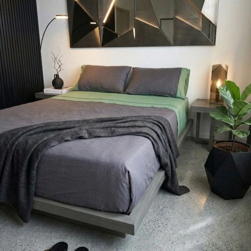 Juego Pistacho Zen: gris y verde en una cama tendida